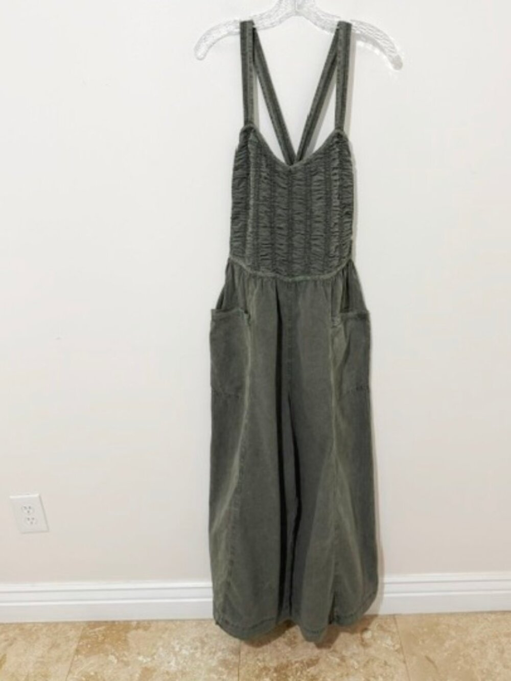 Free People Olive Green Wide-Leg Jumpsuit with Smocked Bodice